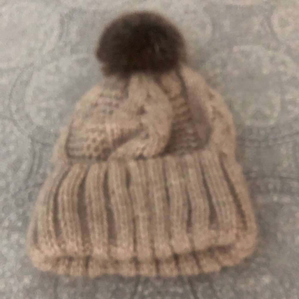 Oatmeal Colored Faux Rabbit Fur Top Beanie